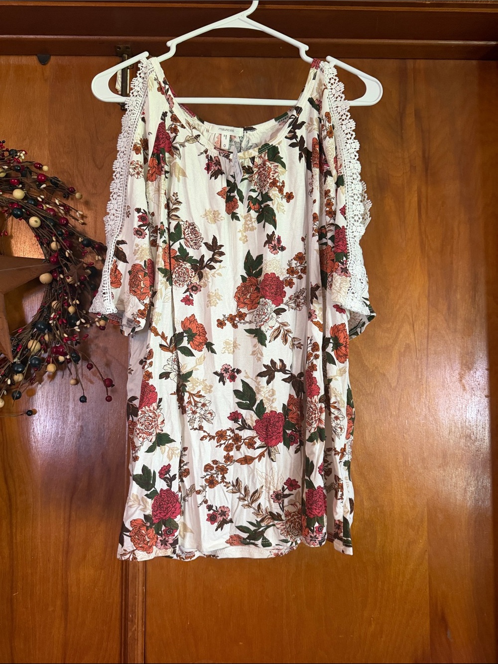 Maurices Cream Floral Cold-Shoulder Tunic with Lace Trim